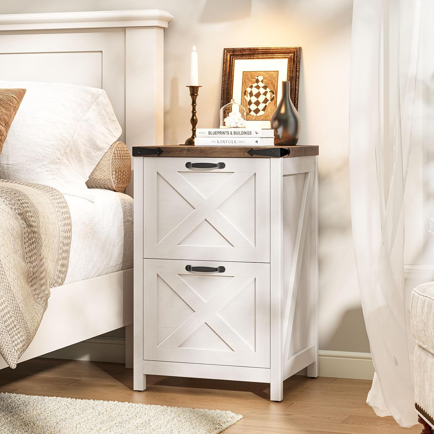 Farmhouse File Cabinet with 2 Drawers for Home Office, White and Brown — view 8