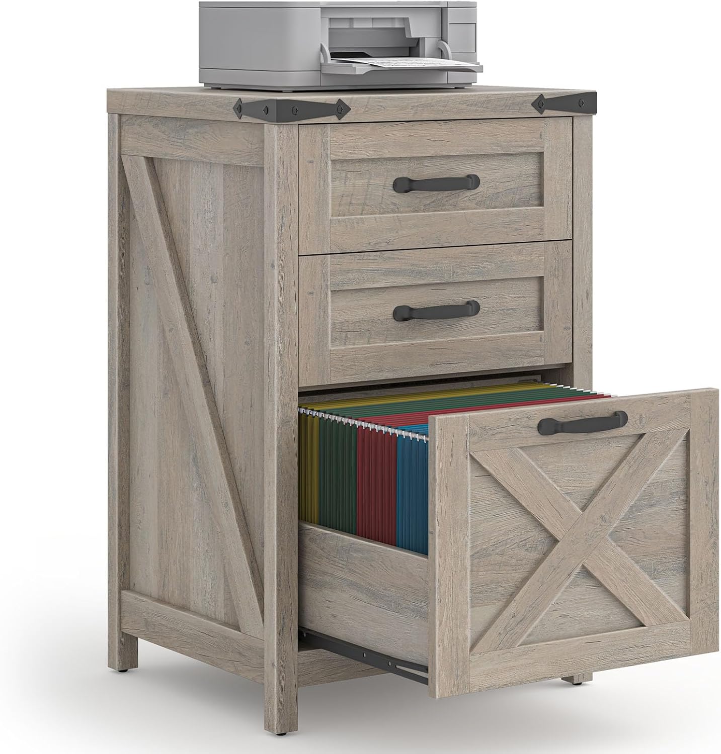 Farmhouse File Cabinet with 2 Drawers for Home Office, White and Brown — view 10