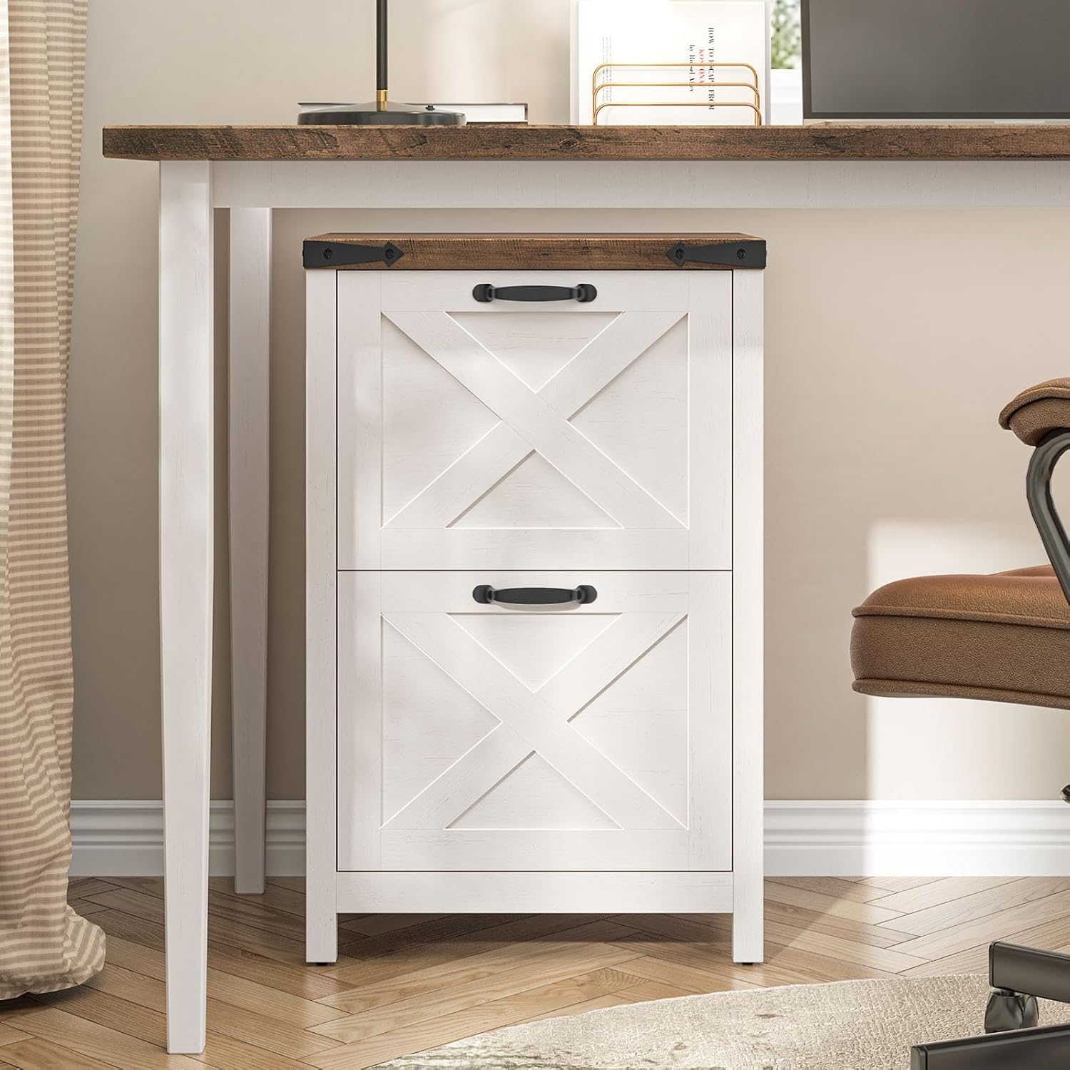 Farmhouse File Cabinet with 2 Drawers for Home Office, White and Brown — view 6