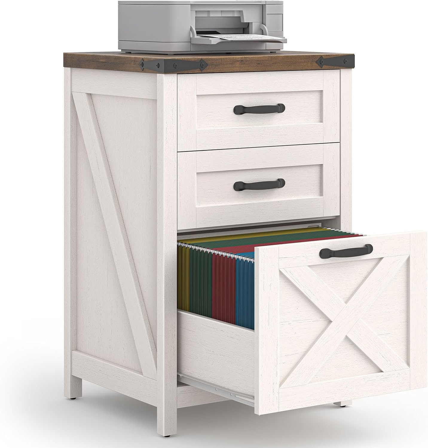 Farmhouse File Cabinet with 2 Drawers for Home Office, White and Brown — view 14