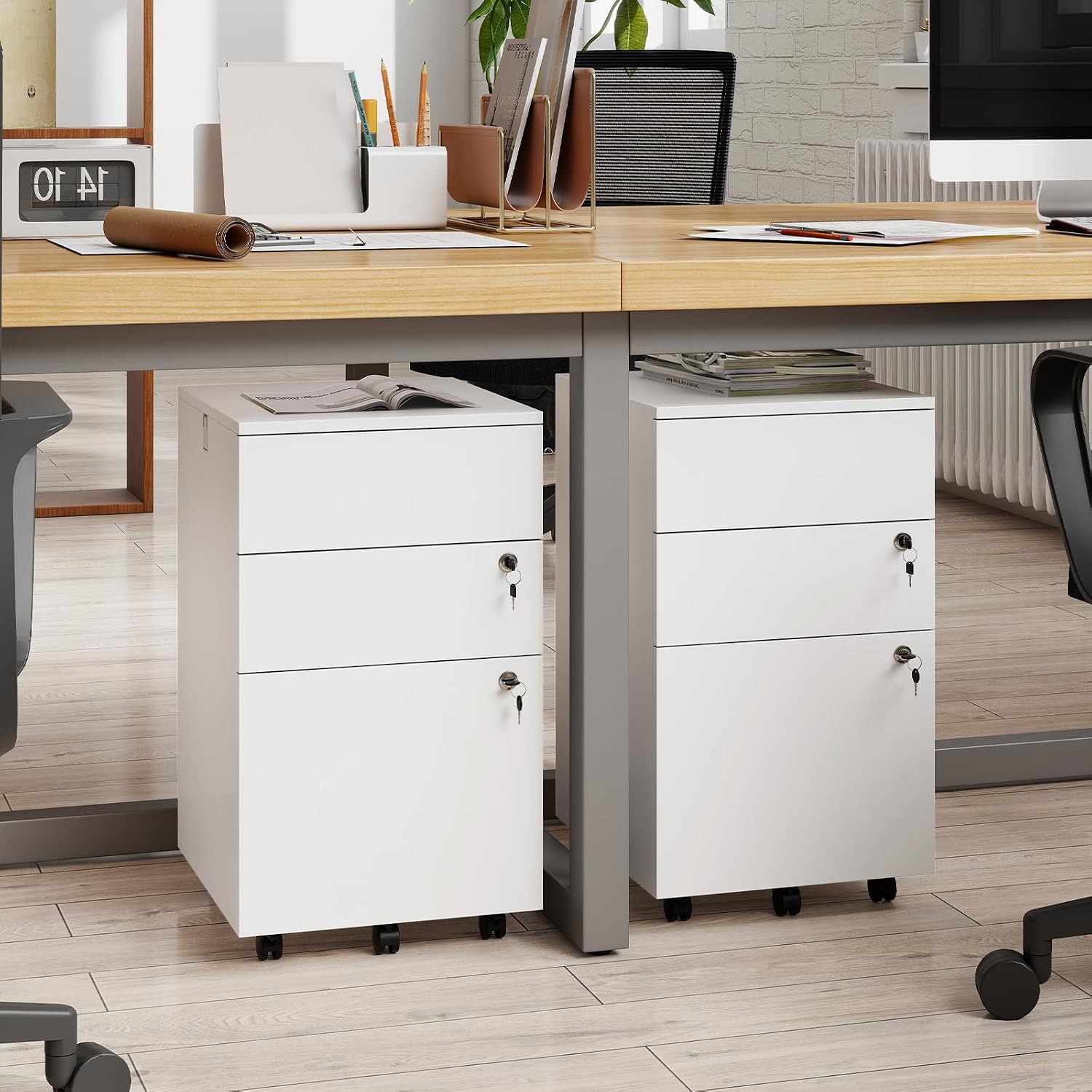 Giantex 3-Drawer File Cabinet with Lock, 27-Inches Storage Cabinet with 2 Side Hooks, Mobile — view 9
