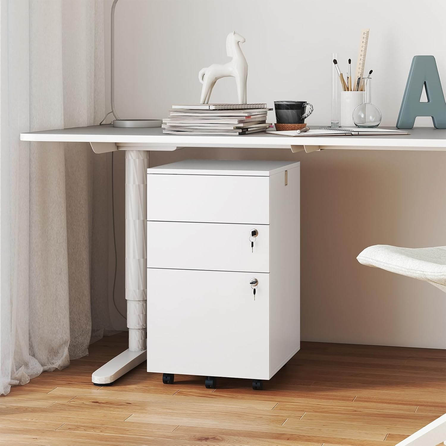 Giantex 3-Drawer File Cabinet with Lock, 27-Inches Storage Cabinet with 2 Side Hooks, Mobile — view 2