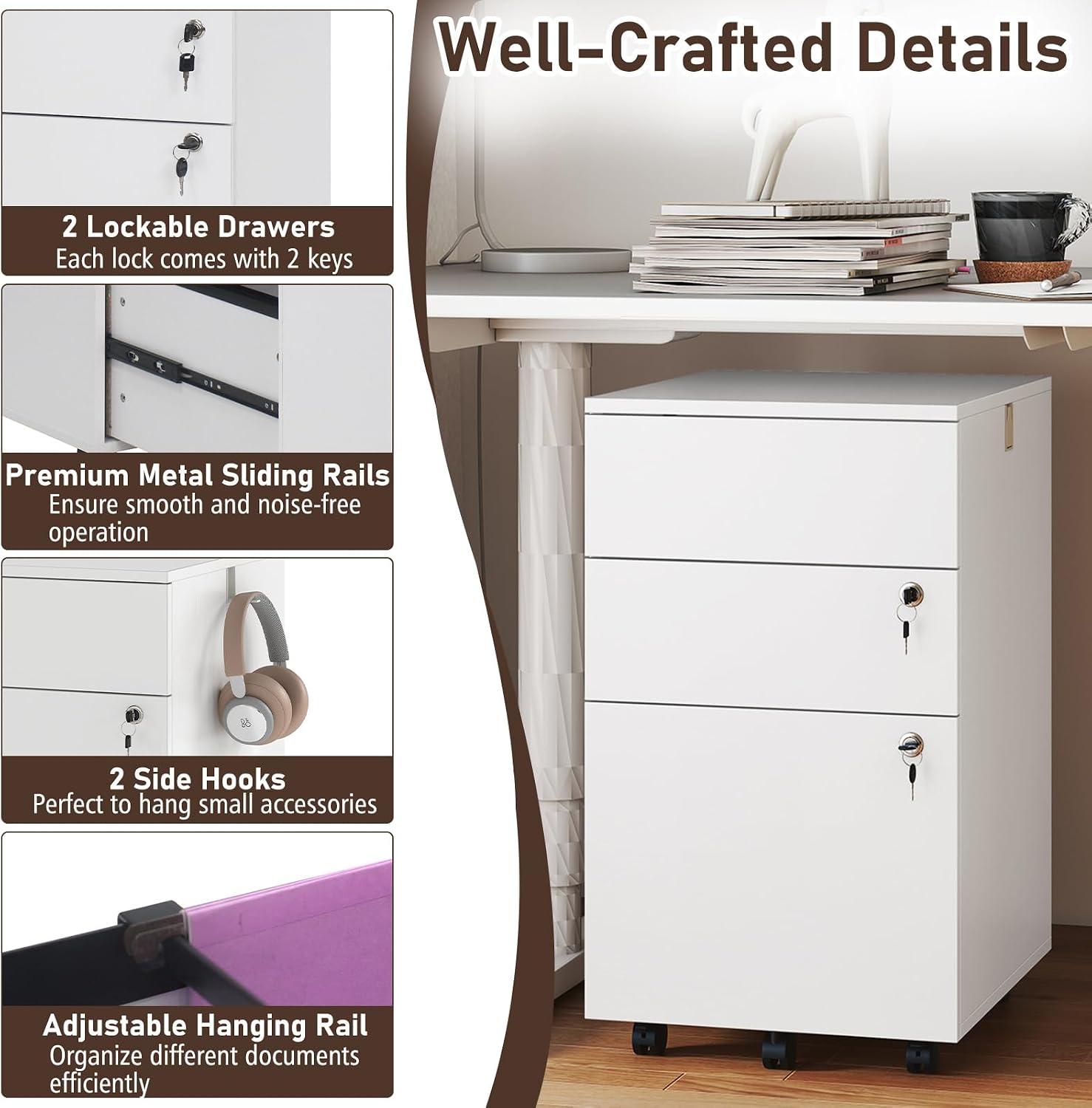 Giantex 3-Drawer File Cabinet with Lock, 27-Inches Storage Cabinet with 2 Side Hooks, Mobile — view 7