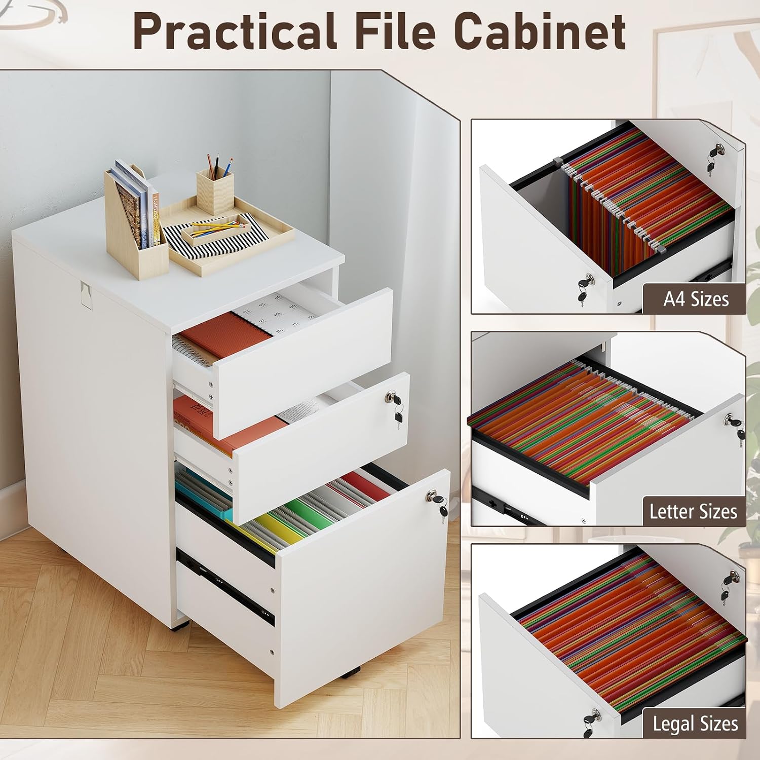 Giantex 3-Drawer File Cabinet with Lock, 27-Inches Storage Cabinet with 2 Side Hooks, Mobile — view 4