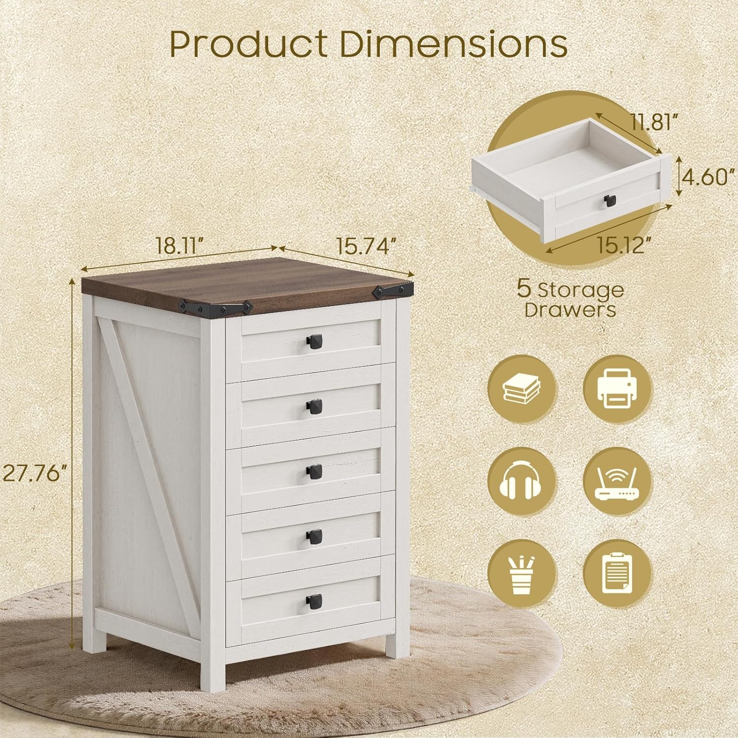 Halitaa 5 Drawer Small File Cabinet, Farmhouse Vertical Filing Cabinet — view 2