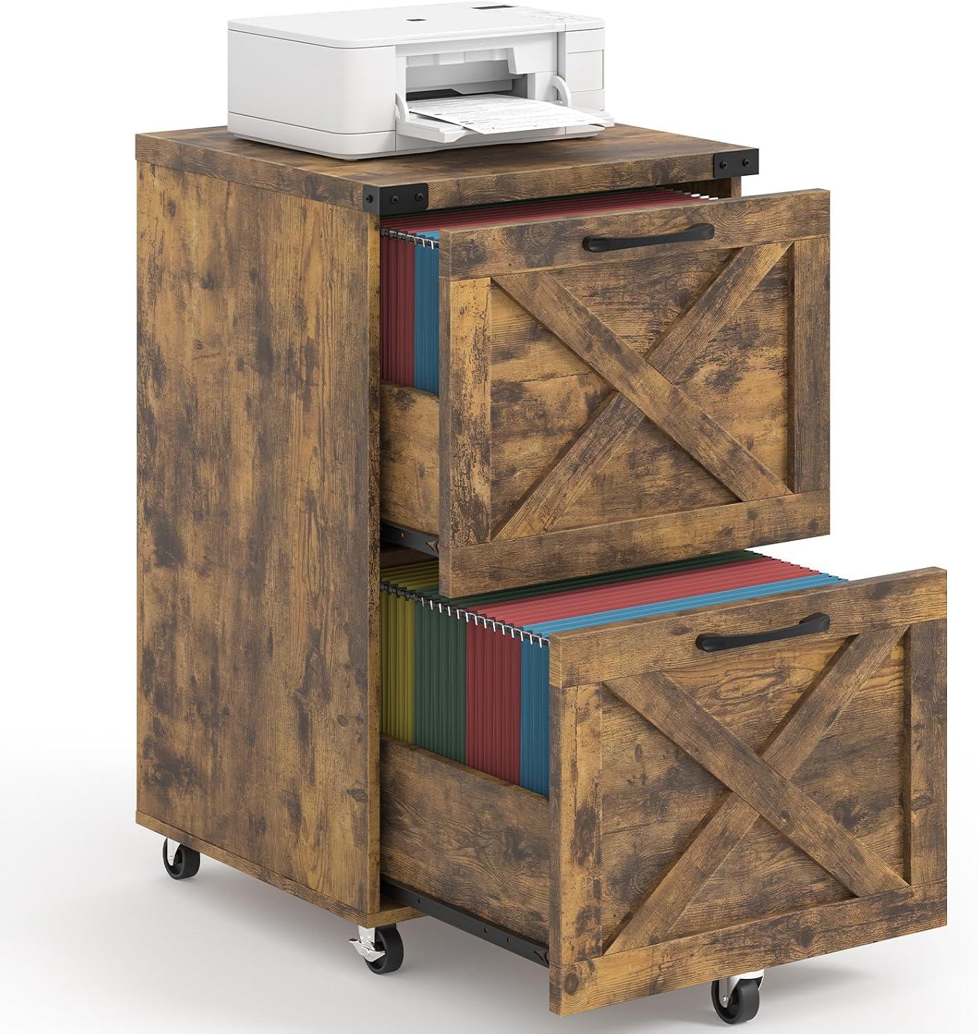 Halitaa Farmhouse 2 Drawer Small File Cabinet with Wheels, Brown - Vertical Filing Cabinet Fits A4