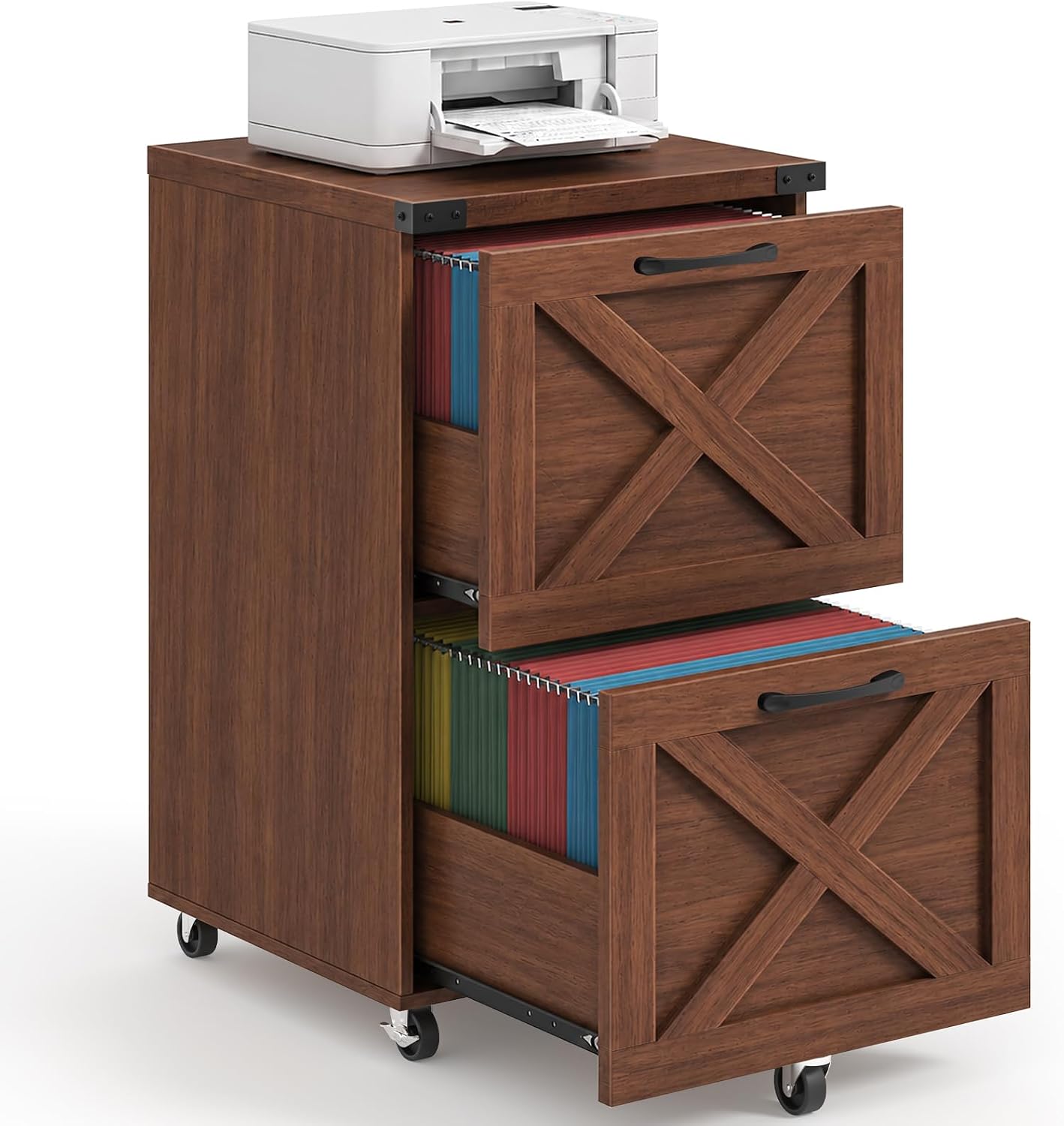 Halitaa Farmhouse 2 Drawer Small File Cabinet with Wheels, Brown - Vertical Filing Cabinet Fits A4 — view 13