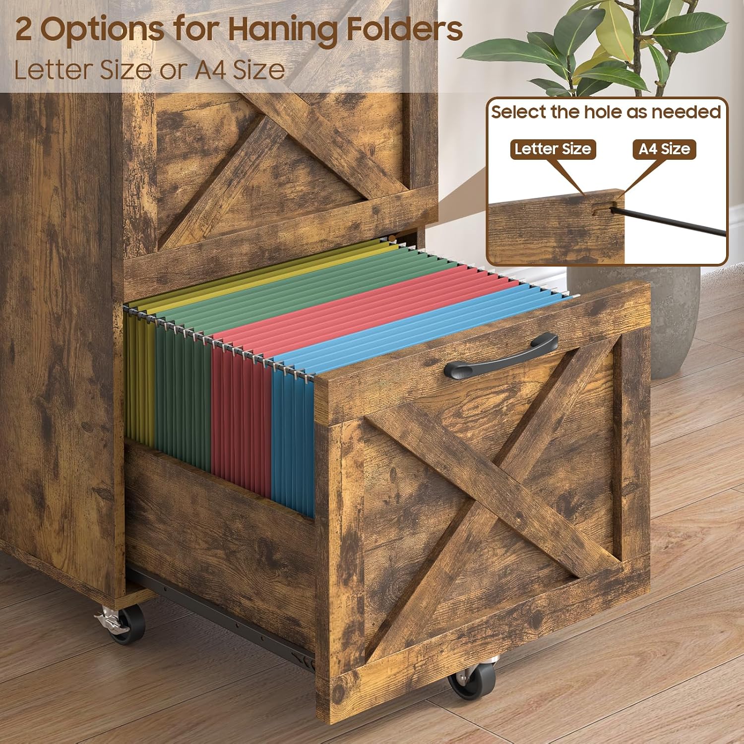 Halitaa Farmhouse 2 Drawer Small File Cabinet with Wheels, Brown - Vertical Filing Cabinet Fits A4 — view 5