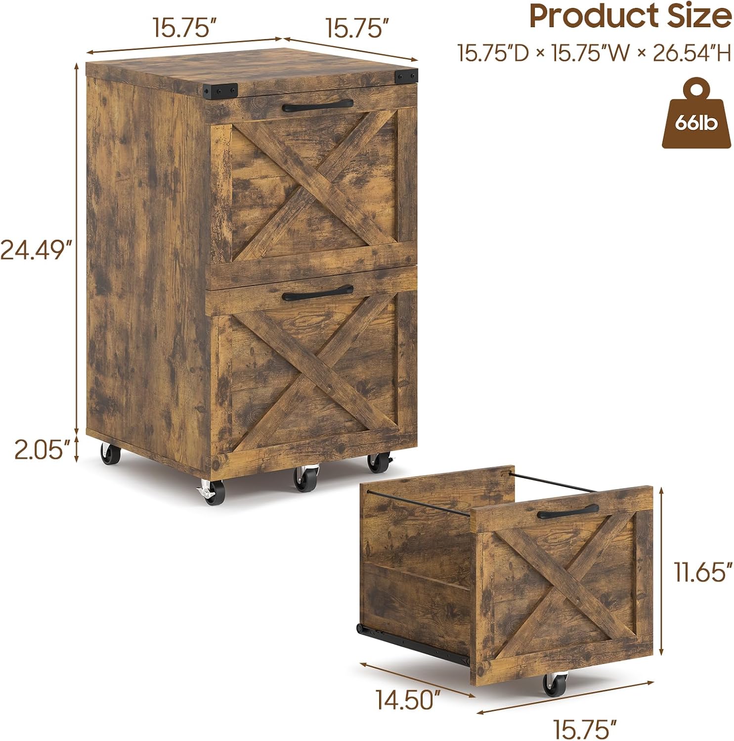 Halitaa Farmhouse 2 Drawer Small File Cabinet with Wheels, Brown - Vertical Filing Cabinet Fits A4 — view 3