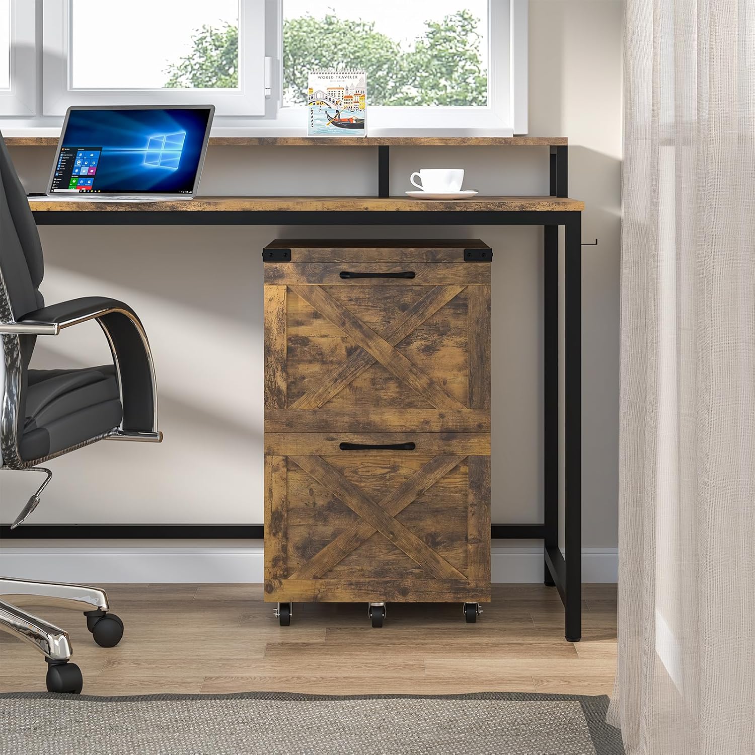 Halitaa Farmhouse 2 Drawer Small File Cabinet with Wheels, Brown - Vertical Filing Cabinet Fits A4 — view 2