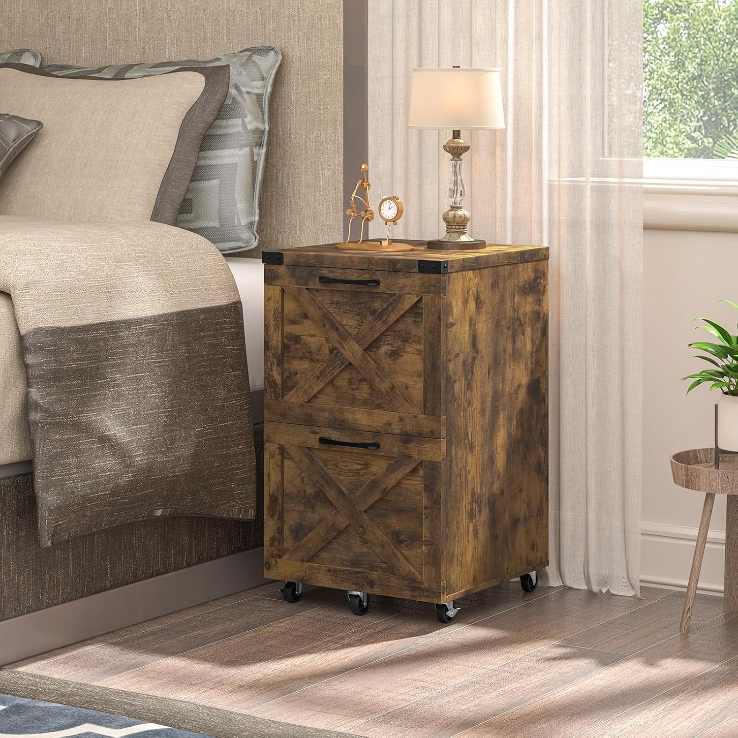 Halitaa Farmhouse 2 Drawer Small File Cabinet with Wheels, Brown - Vertical Filing Cabinet Fits A4 — view 4