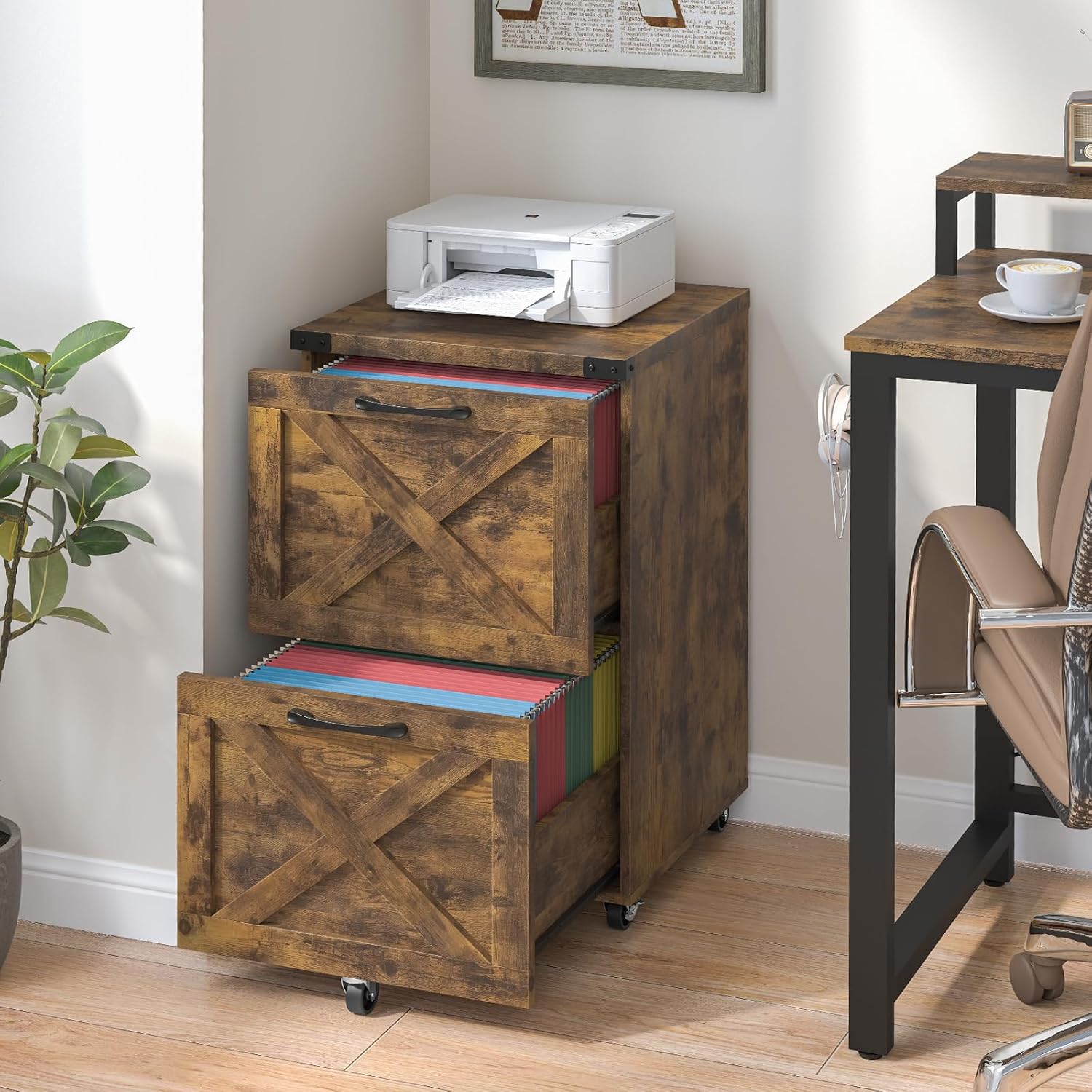 Halitaa Farmhouse 2 Drawer Small File Cabinet with Wheels, Brown - Vertical Filing Cabinet Fits A4 — view 8