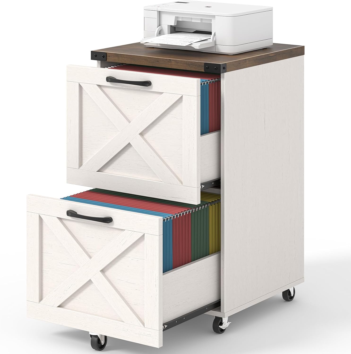 Halitaa Farmhouse 2 Drawer Small File Cabinet with Wheels, White - Vertical Filing Cabinet Fits A4 — view 10