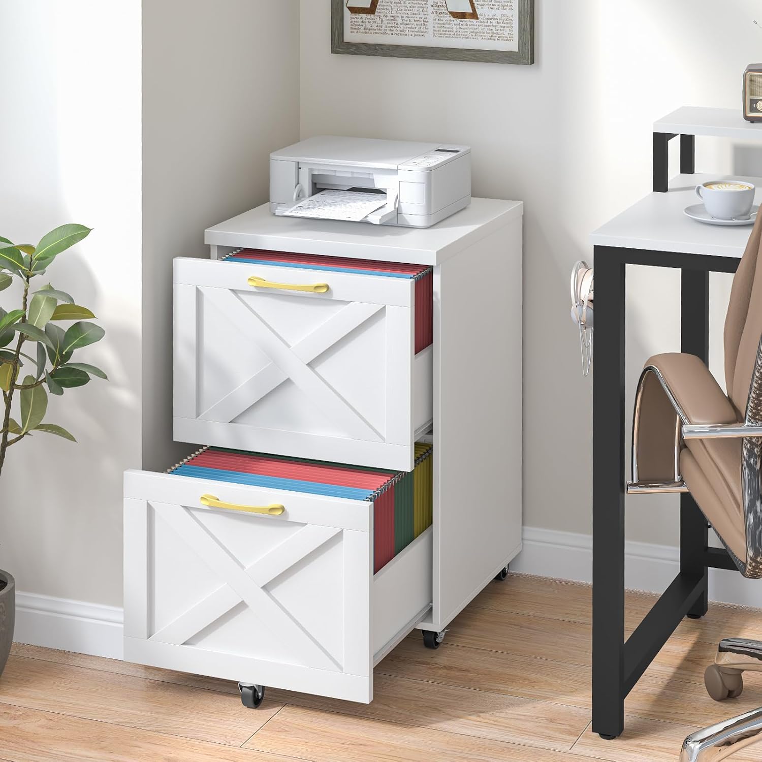 Halitaa Farmhouse 2 Drawer Small File Cabinet with Wheels, White - Vertical Filing Cabinet Fits A4 — view 8