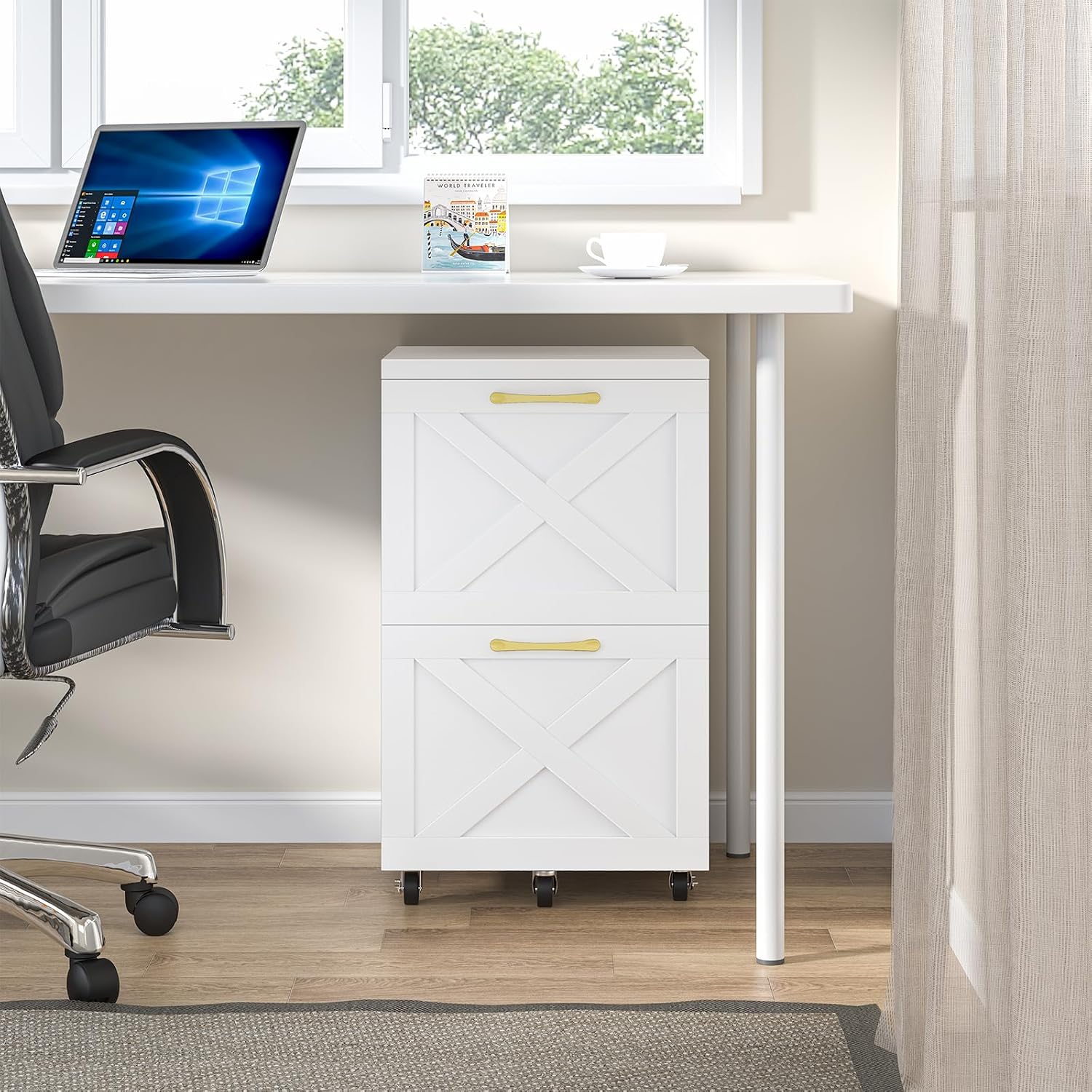 Halitaa Farmhouse 2 Drawer Small File Cabinet with Wheels, White - Vertical Filing Cabinet Fits A4 — view 2
