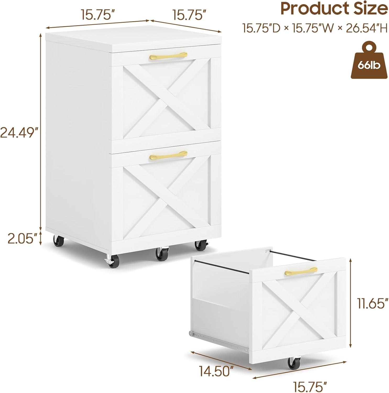 Halitaa Farmhouse 2 Drawer Small File Cabinet with Wheels, White - Vertical Filing Cabinet Fits A4 — view 3