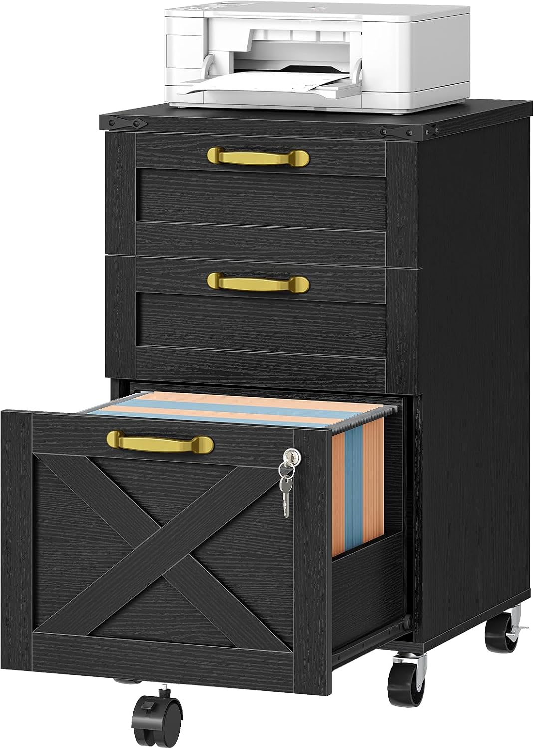 HOOBRO 3 Drawer File Cabinet with Lock, Mobile Farmhouse Filing Cabinet for A4/Letter Size, Under — view 10