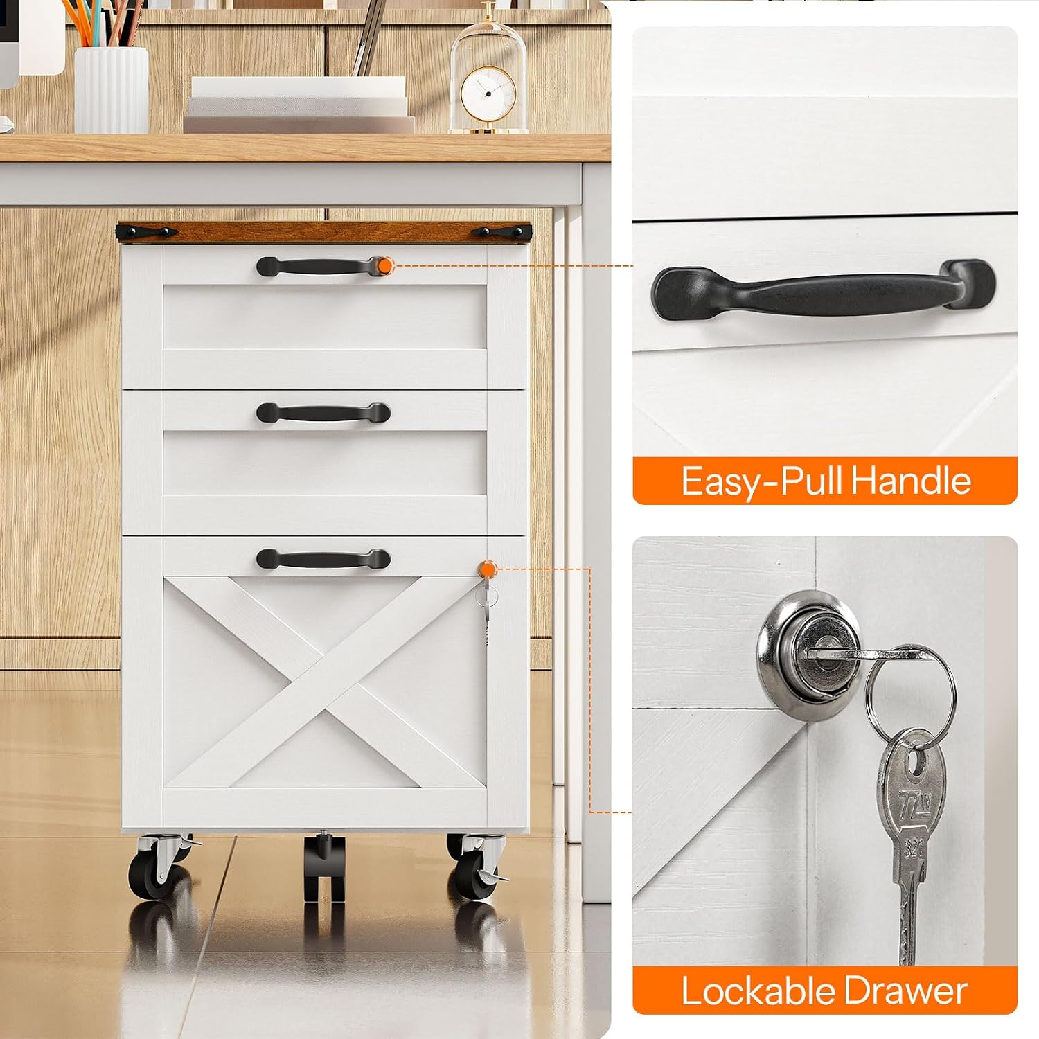 HOOBRO 3 Drawer File Cabinet with Lock, Mobile Farmhouse Filing Cabinet for A4/Letter Size, Under — view 6