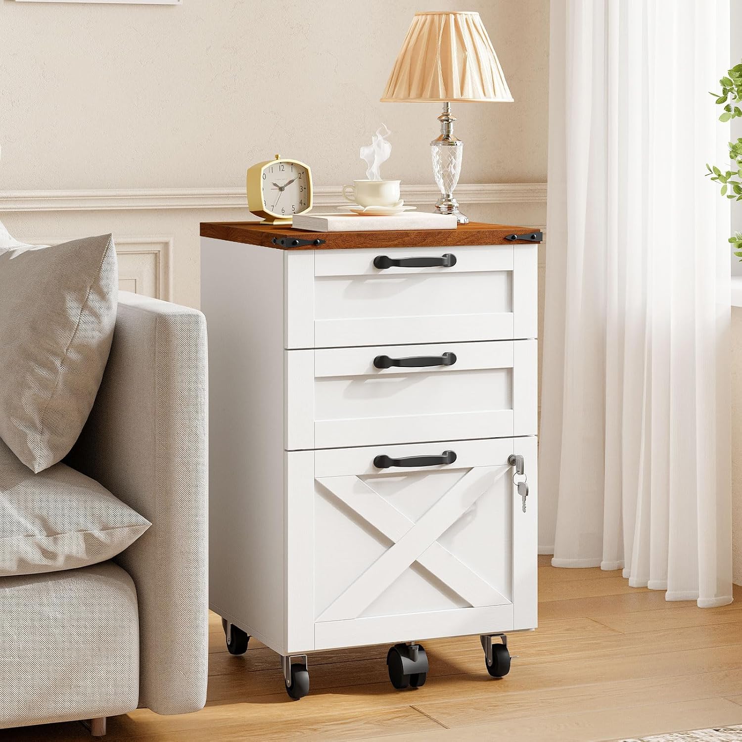 HOOBRO 3 Drawer File Cabinet with Lock, Mobile Farmhouse Filing Cabinet for A4/Letter Size, Under — view 4