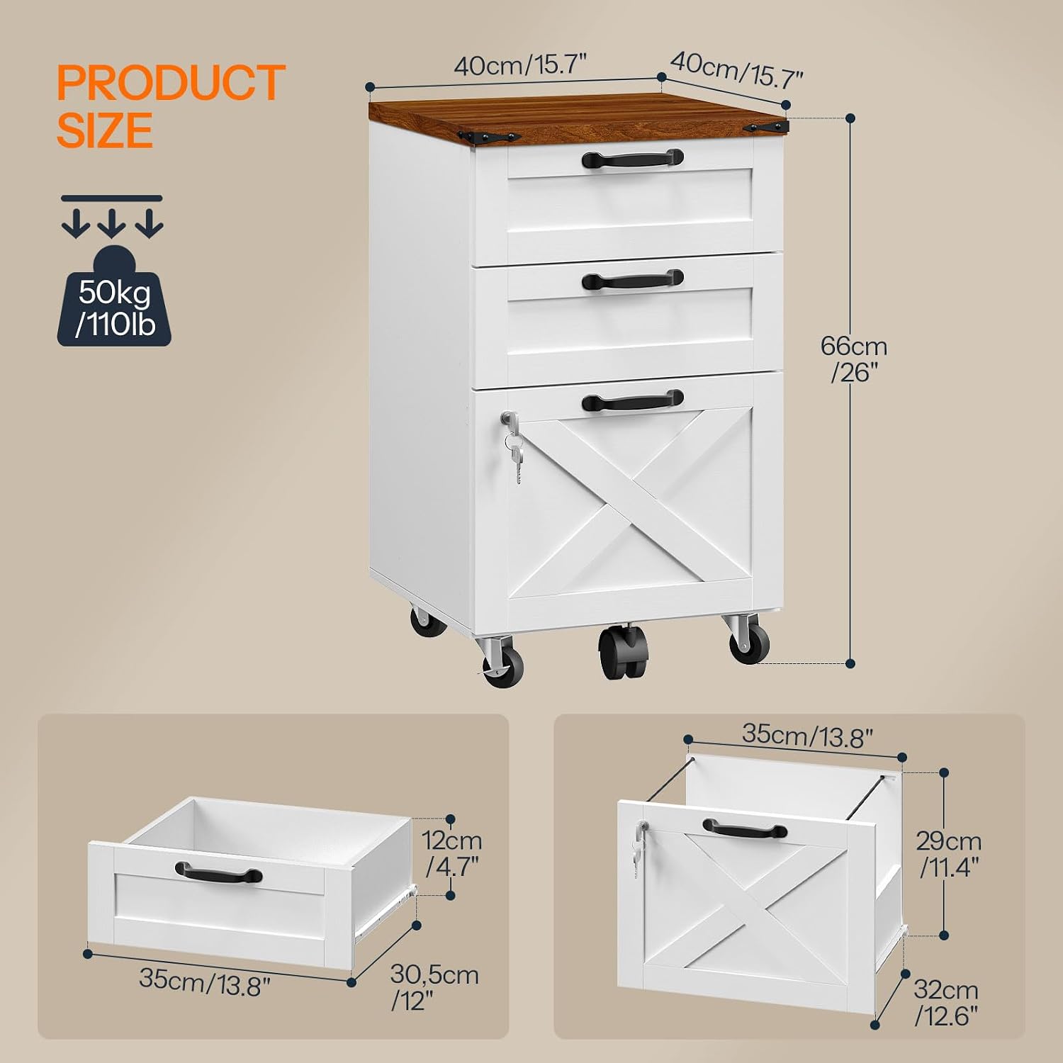 HOOBRO 3 Drawer File Cabinet with Lock, Mobile Farmhouse Filing Cabinet for A4/Letter Size, Under — view 3
