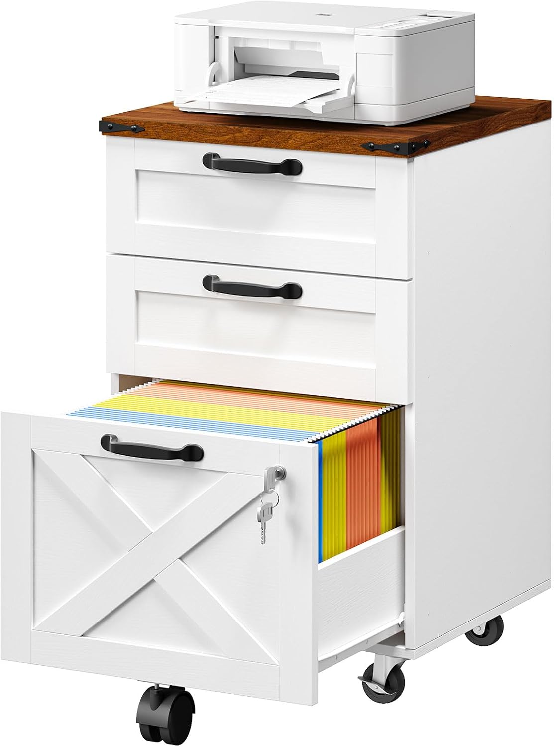 HOOBRO 3 Drawer File Cabinet with Lock, Mobile Farmhouse Filing Cabinet for A4/Letter Size, Under