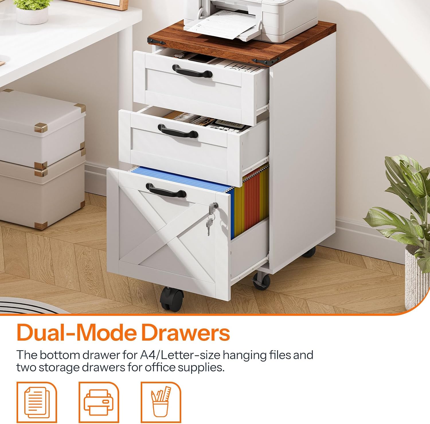 HOOBRO 3 Drawer File Cabinet with Lock, Mobile Farmhouse Filing Cabinet for A4/Letter Size, Under — view 5
