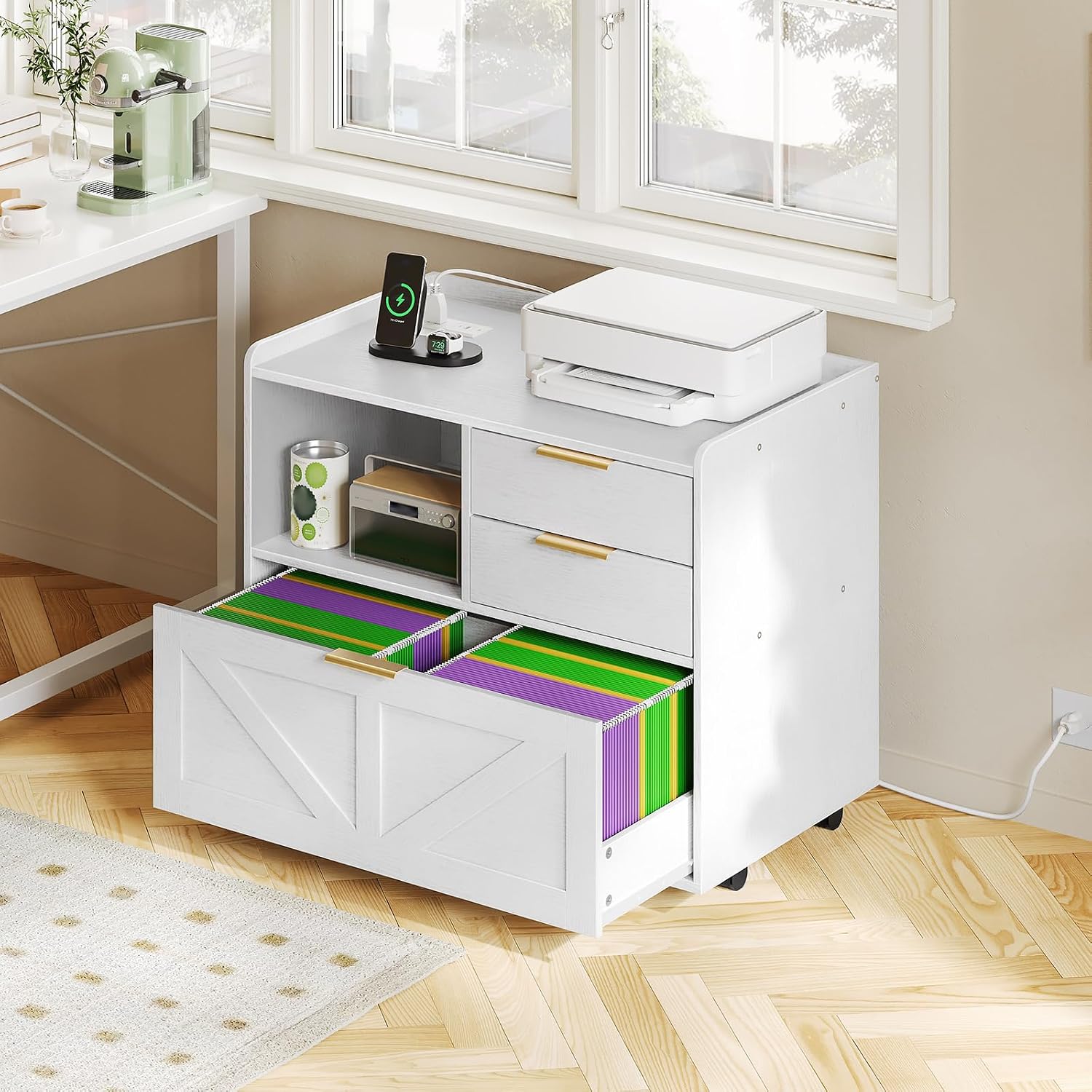 HOOBRO Lateral File Cabinet, Wooden Office Storage Drawers with Charging Station, Filing Cabinet — view 2