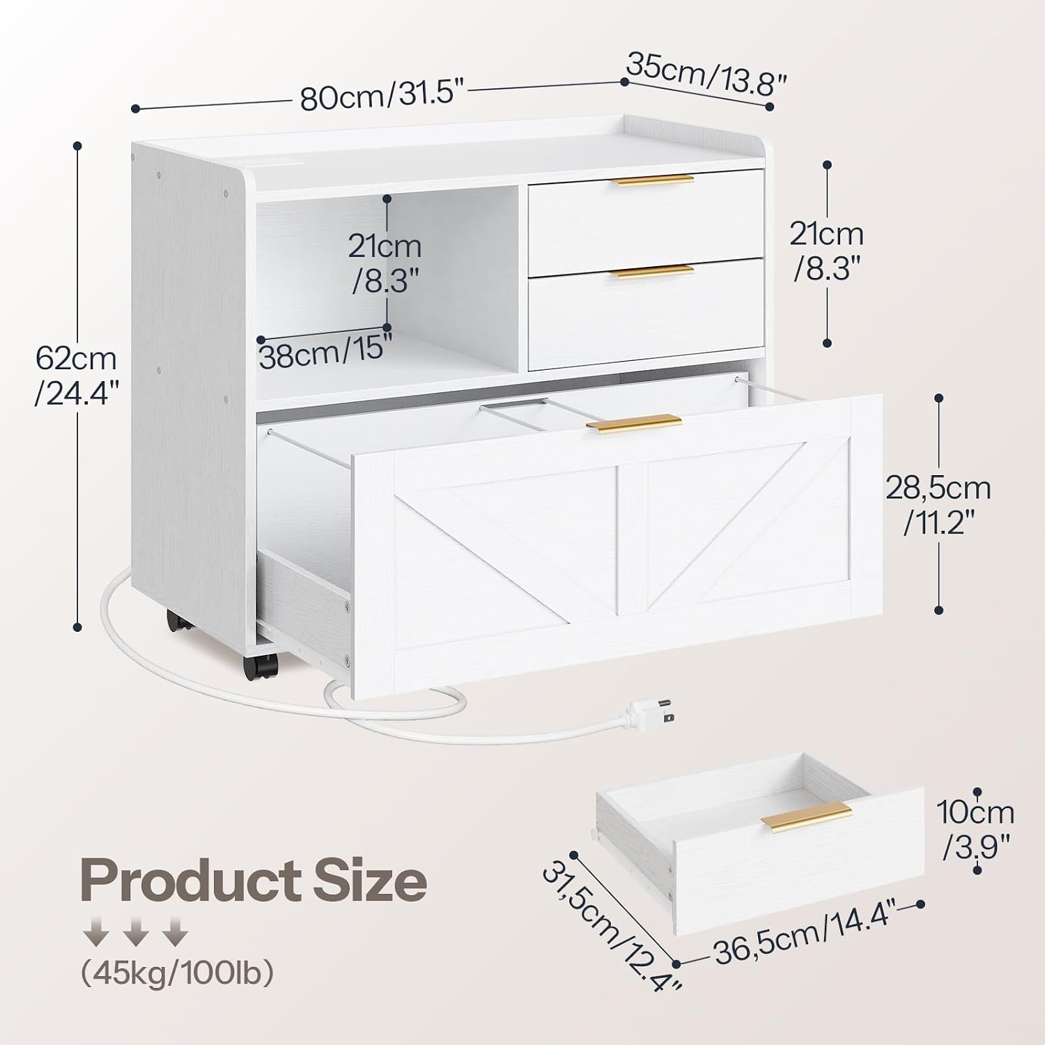 HOOBRO Lateral File Cabinet, Wooden Office Storage Drawers with Charging Station, Filing Cabinet — view 3