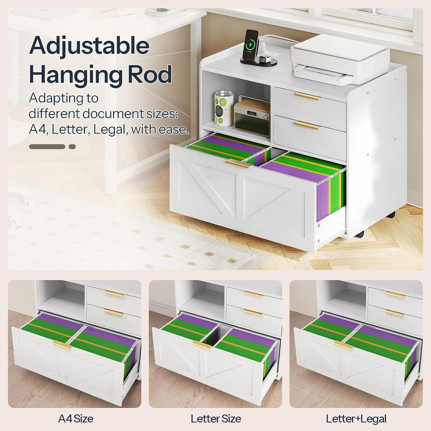 HOOBRO Lateral File Cabinet, Wooden Office Storage Drawers with Charging Station, Filing Cabinet — view 5