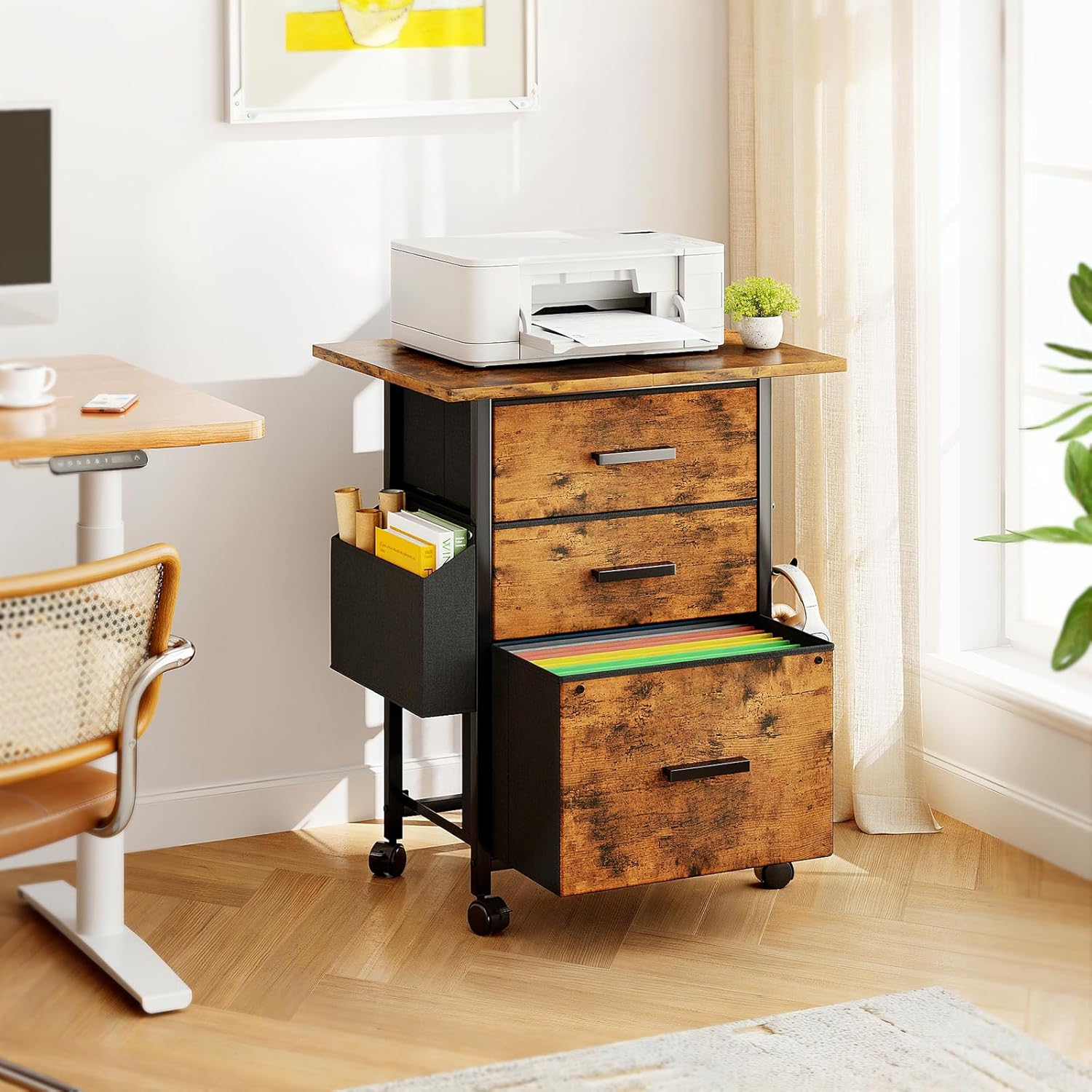 Mexin 3 Drawer File Cabinet with 22'' Extended Desktop, Mobile Filing Cabinet, Printer Stand — view 2
