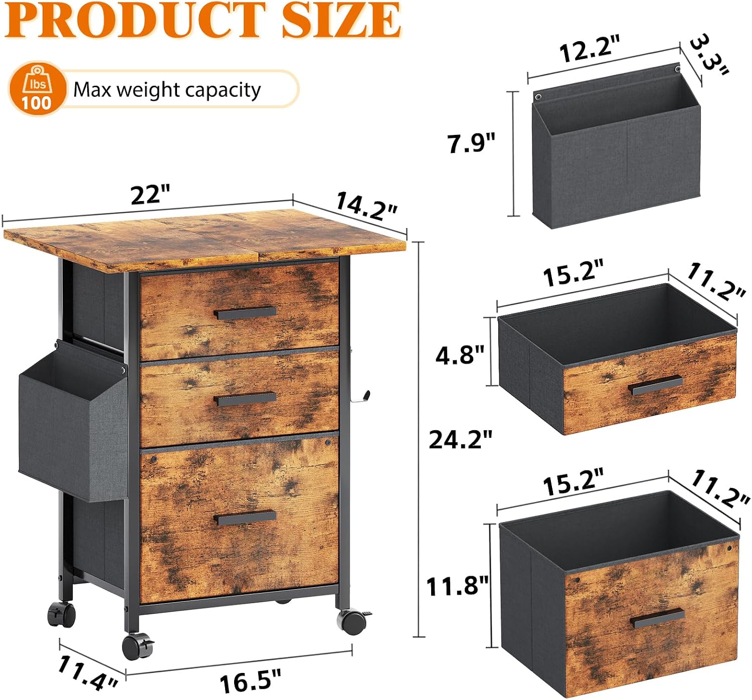 Mexin 3 Drawer File Cabinet with 22'' Extended Desktop, Mobile Filing Cabinet, Printer Stand — view 3