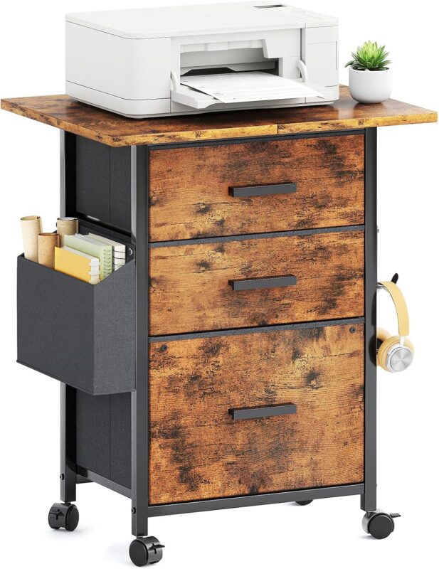 Mexin 3 Drawer File Cabinet with 22'' Extended Desktop, Mobile Filing Cabinet, Printer Stand