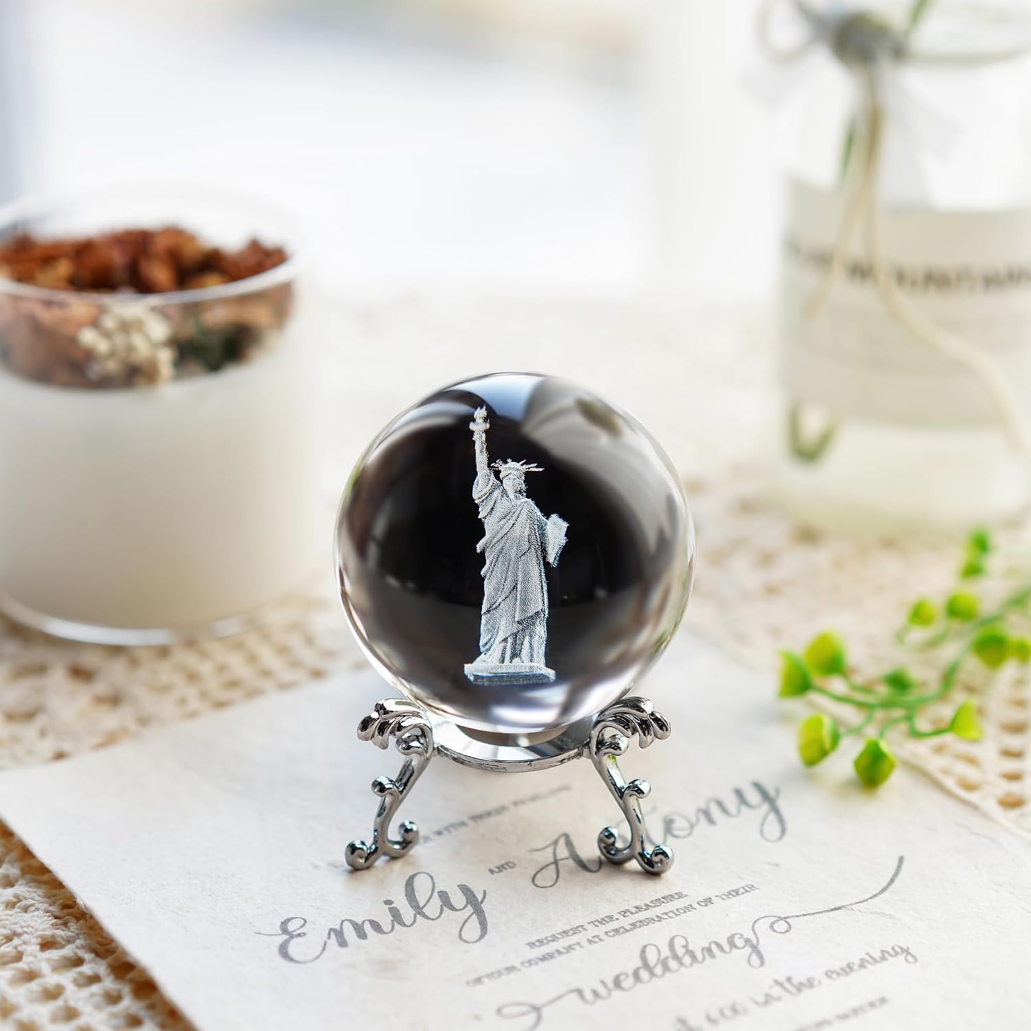 Statue of Liberty 3D Laser-Engraved Crystal Ball with Stand