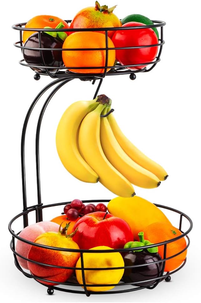 AULEDIO 2-Tier Fruit Basket with Banana Hanger, Black Metal