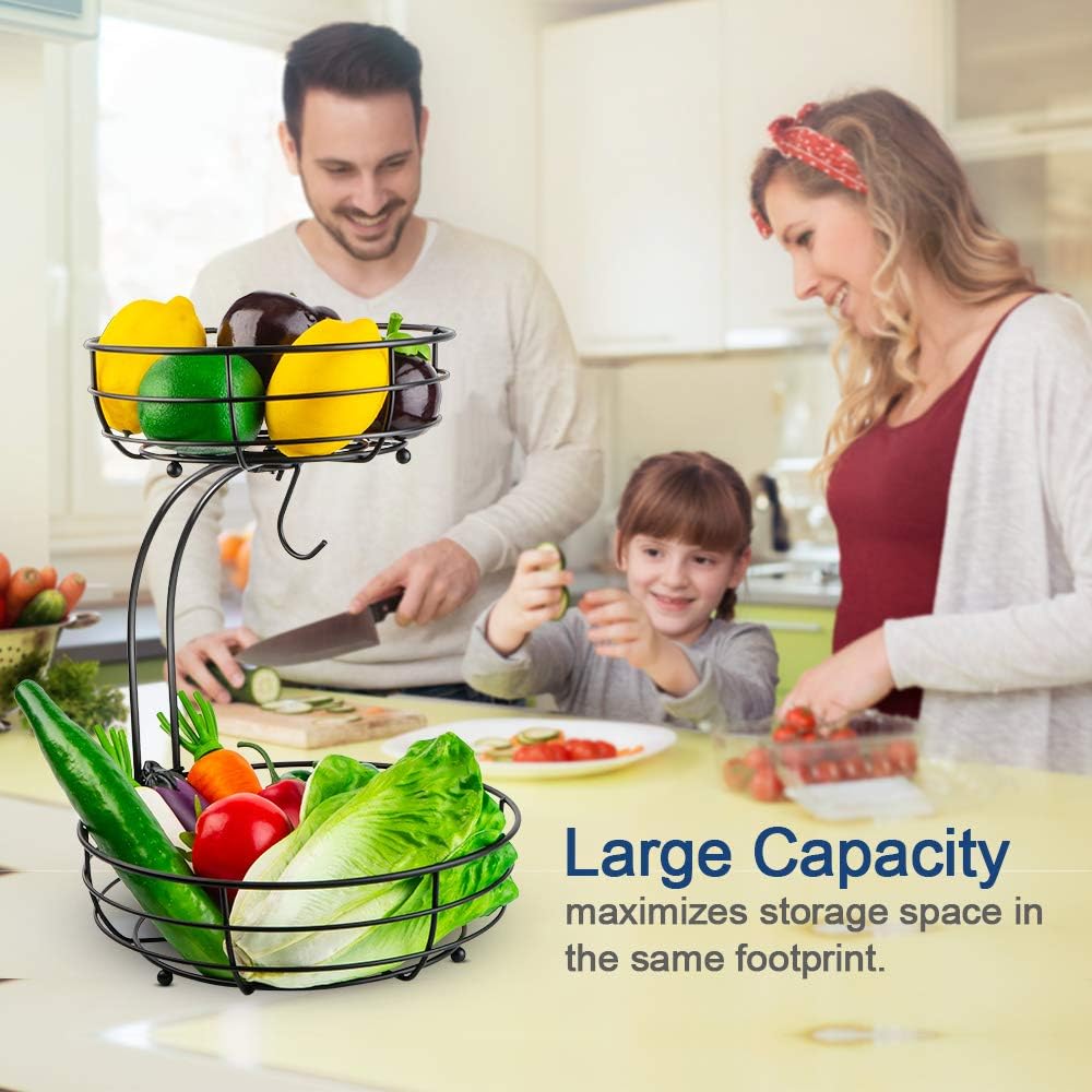 AULEDIO 2-Tier Fruit Basket with Banana Hanger, Black Metal — view 2