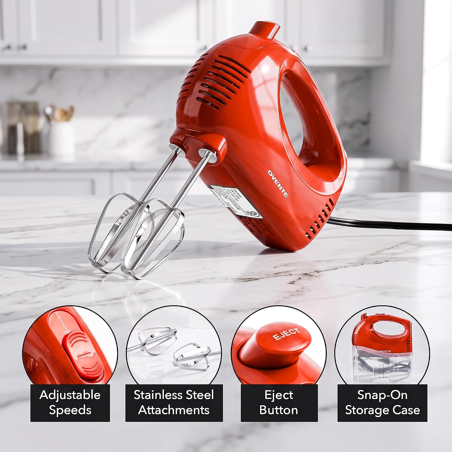 Ovente Red Electric Hand Mixer with 5 Speeds & Storage Case — view 2