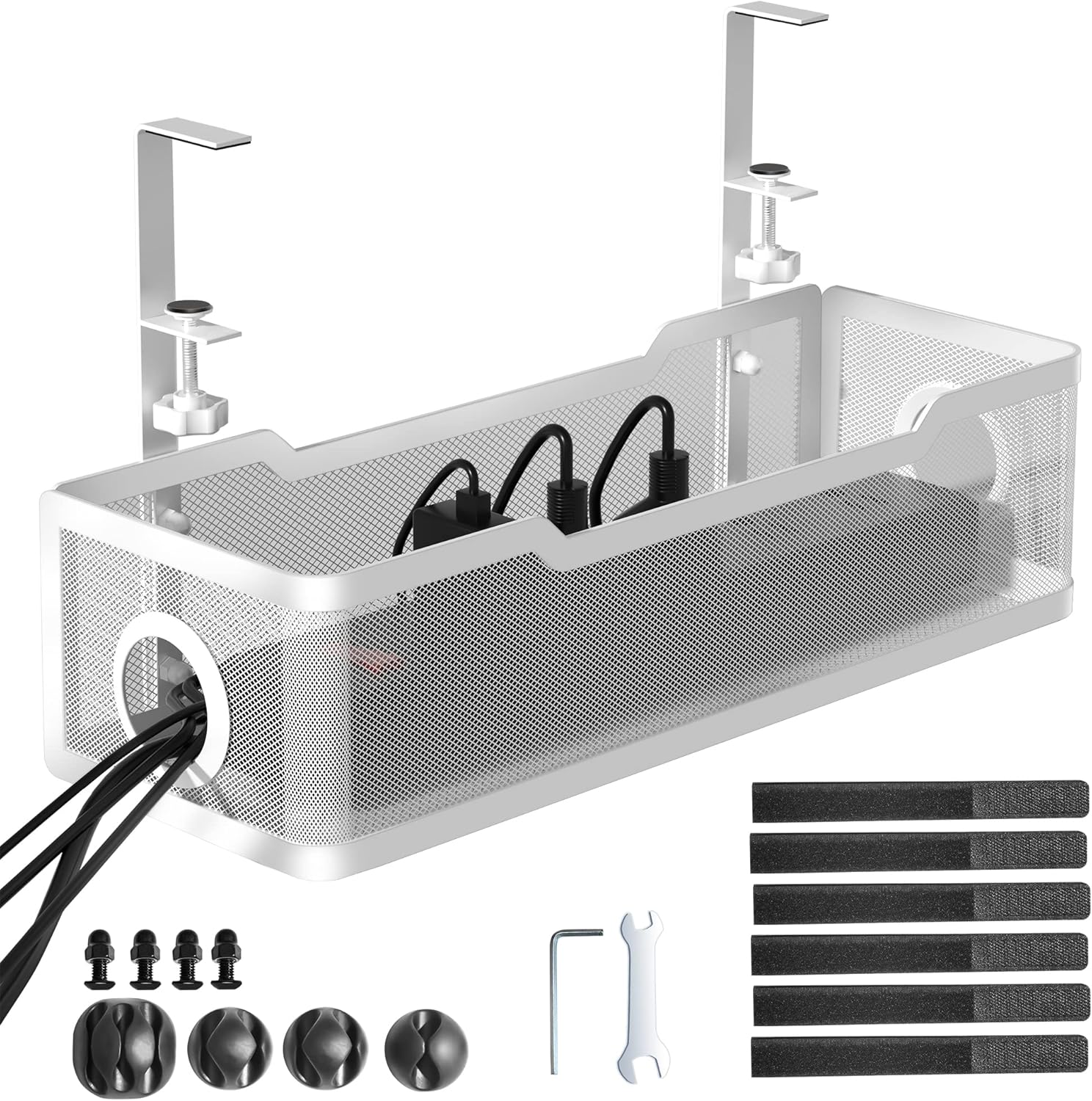 Under Desk Cable Management Tray White, Cinati Wire Organizers No Drill, Cable Tray with Clamp for Wire Management, Cord Organization Box for Office, Home - No Damage to Desk Under-Desk White Mesh Cable Tray