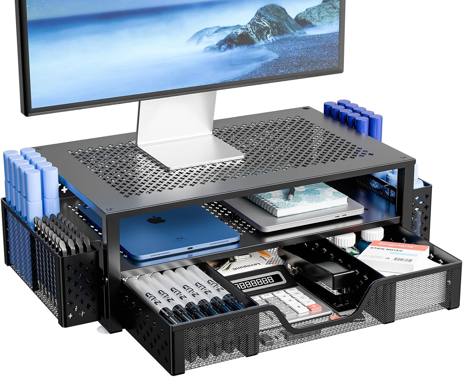 Black Perforated Metal Monitor Stand with Three Drawers