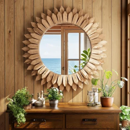 Boho Chic Wood Sunburst Wall Mirror - Hình 2