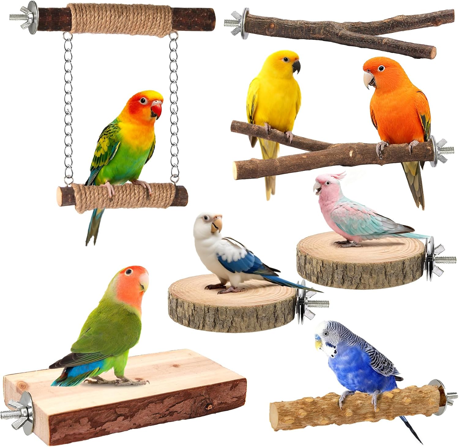 Natural Bird Perch Set – Wood Platform, Swing & Branches for Parrots