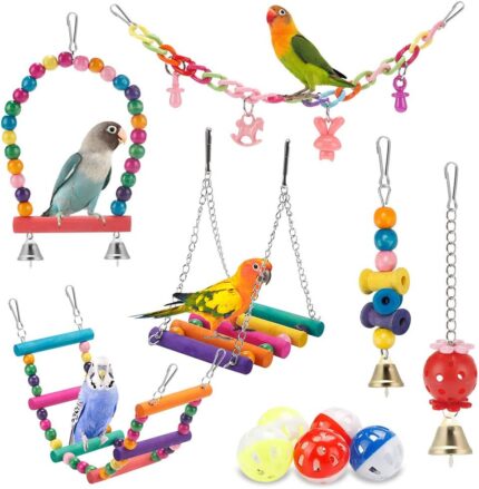 Colorful Wooden Bird Toys & Perches Set for Parakeets