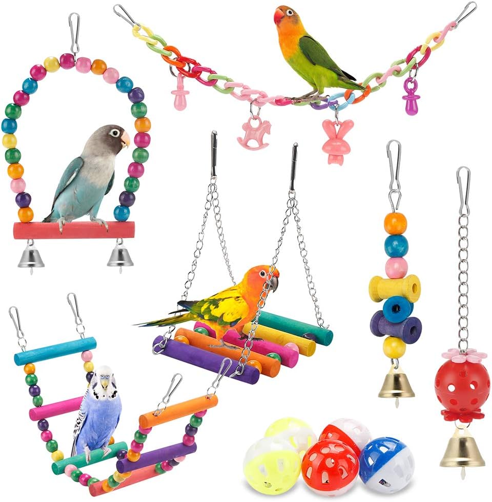 Colorful Wooden Bird Toys & Perches Set for Parakeets Colorful Wooden Bird Toys & Perches Set for Parakeets