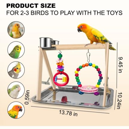 Wooden Bird Play Stand with Stainless Steel Feeders & Chew Toys — view 2