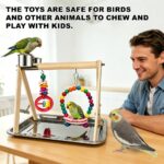 Wooden Bird Play Stand with Stainless Steel Feeders & Chew Toys — view 6