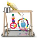 Wooden Bird Play Stand with Stainless Steel Feeders & Chew Toys