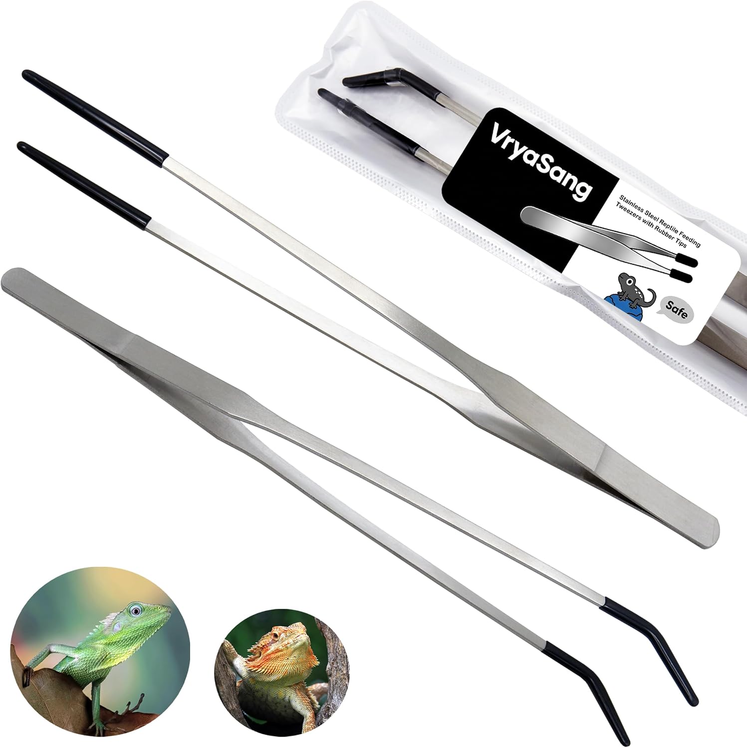 Stainless Steel Reptile Feeding Tongs — 2-Piece, 10.6 inch, Straight & Curved