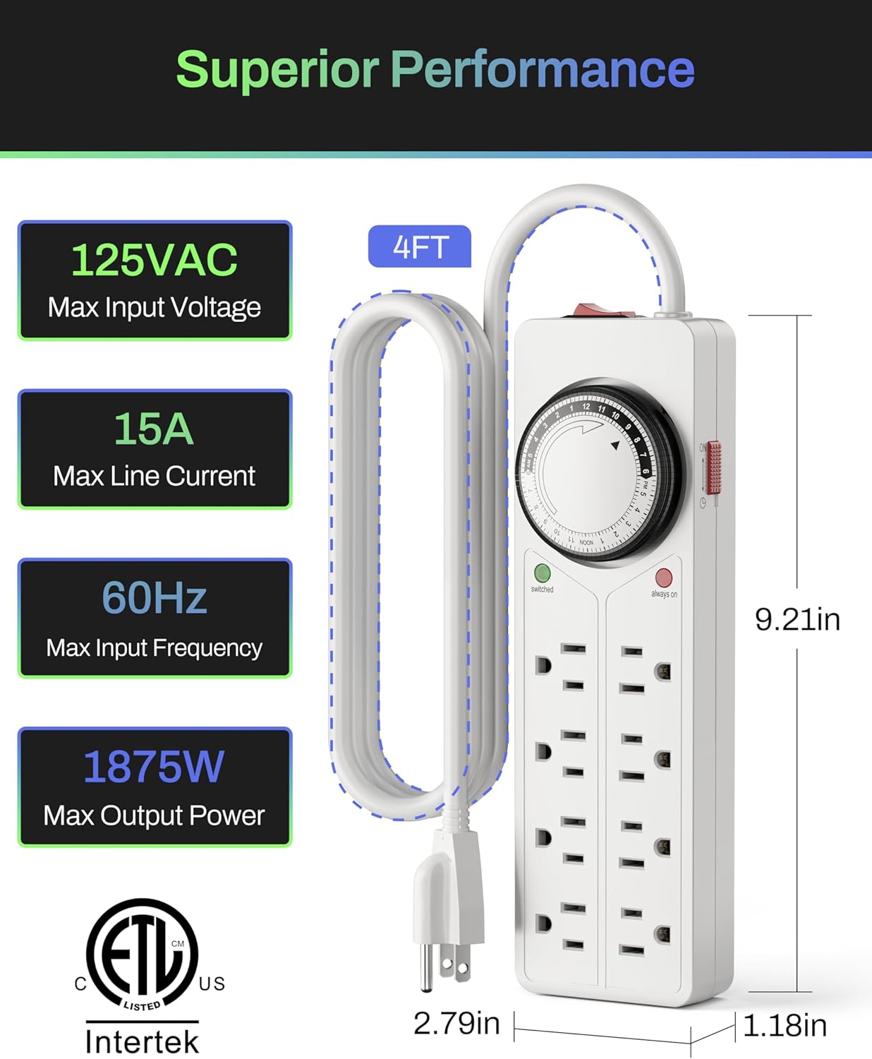 Reptile Habitat Timer Power Strip — 8-Outlet Surge Protector with 4FT Cord — image 8