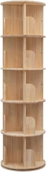 5-Tier Rotating Bookcase — Natural Wood Revolving Shelf