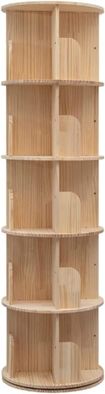 5-Tier Rotating Bookcase — Natural Wood Revolving Shelf