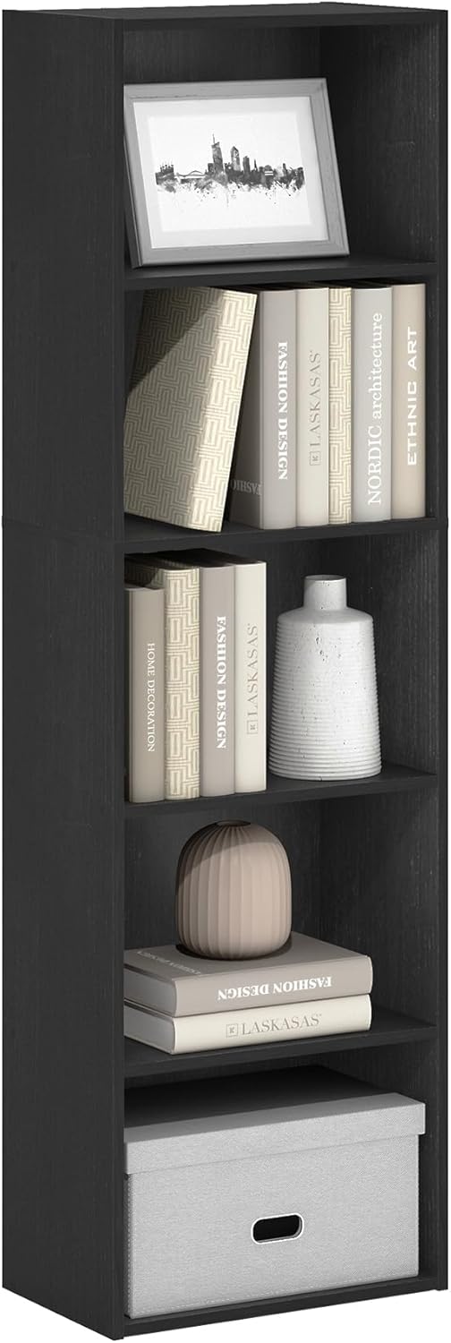 Modern Black 5-tier Narrow Bookcase